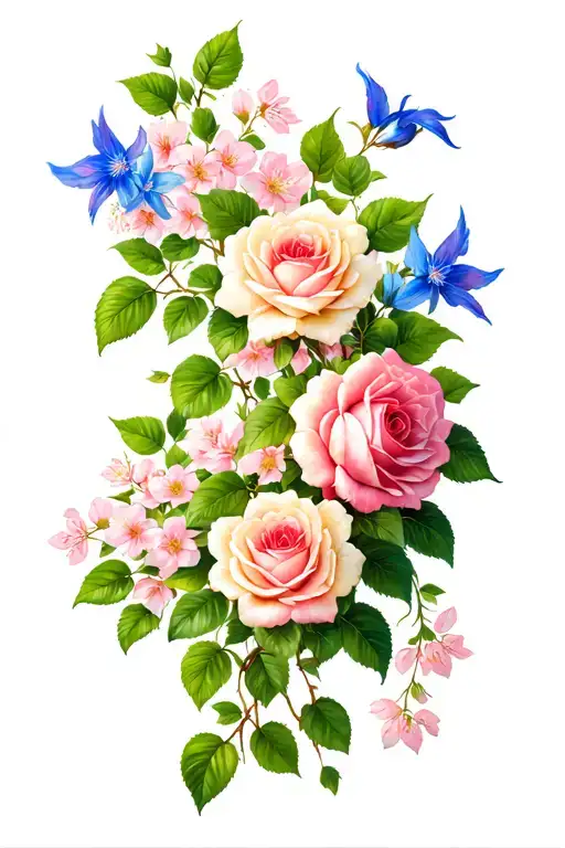 longersmooth green stems and leaves intertwined with climbing roses, larkspur, cherry blossom flowers, hollyhawk flowers tattoo design idea