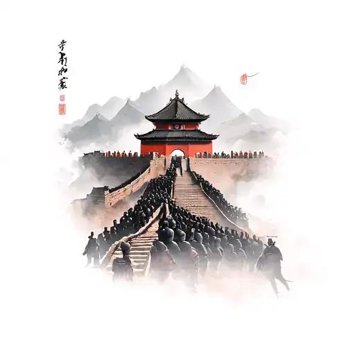 the Great Wall of China with terracotta soldiers fading into a samurai  tattoo design idea