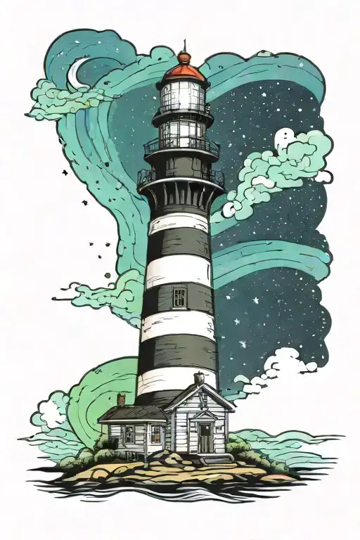 cape hatteras light house night sky with aurora borealis tattoo design idea