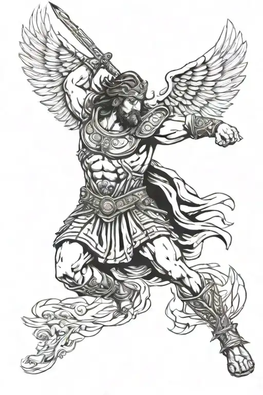 A tattoo of a powerful Greek god warrior engaged in battle, representing justice and faith tattoo design idea