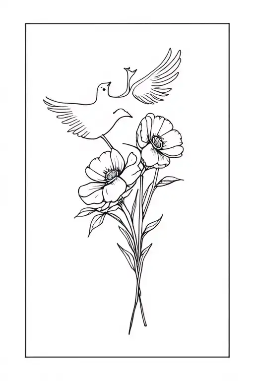 a small fine line bouquet of 3 flowers with a small dove over the top in black and white  tattoo design idea
