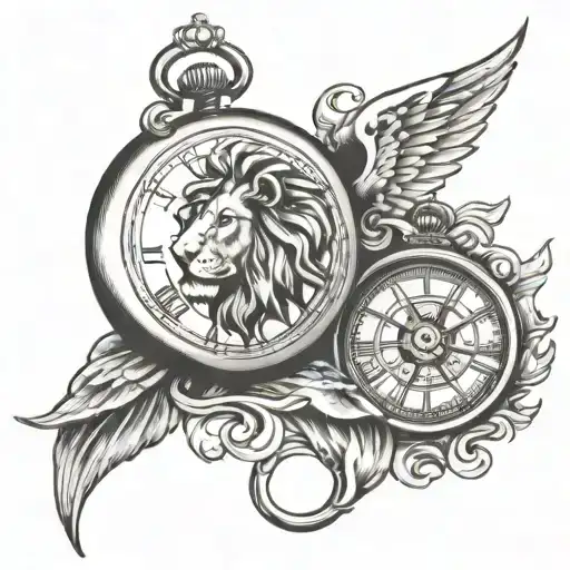 Lion Pocket Watch Compass and Angel tattoo design idea