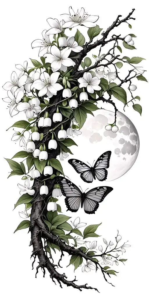 Lily of valley, butterflies, moons, willow tree, cherry blossoms tattoo design idea
