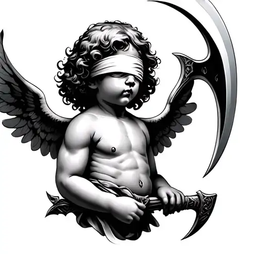 cherub blindfold holding scythe  tattoo design idea
