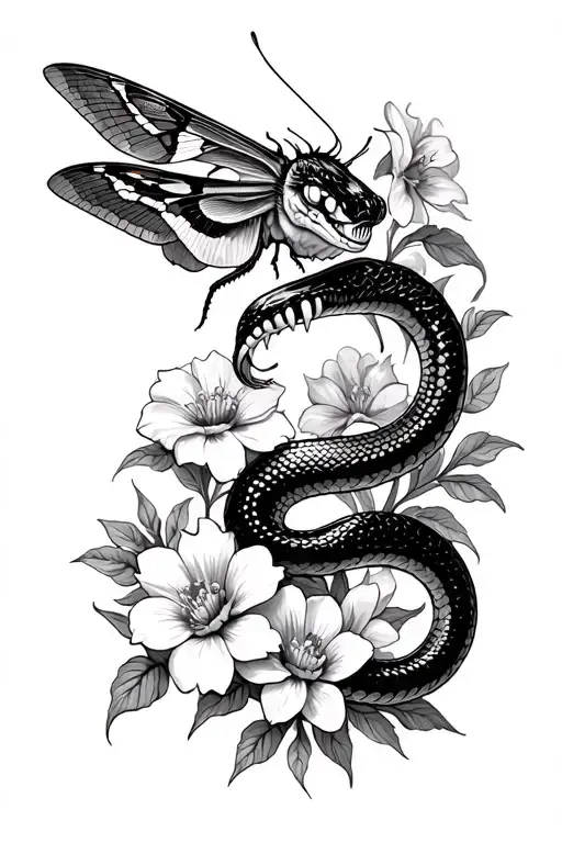 moth, snake showing teeth, flowers, 999 tattoo design idea
