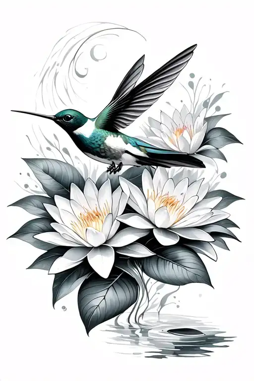 hummingbird and water lily flowers tattoo design idea