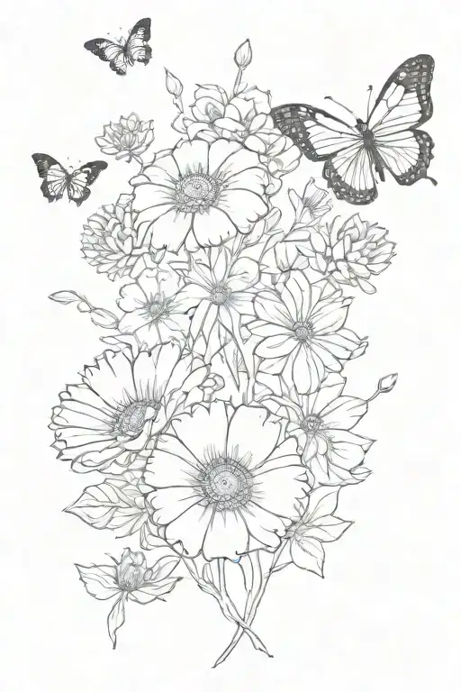 marigold, cosmos and butterflies  tattoo design idea