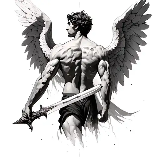 Back tattoo of a muscular male angel holding a sword in centre and opening it's wings and looking up gloriously tattoo design idea