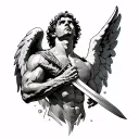 Back tattoo of a muscular male angel holding a sword in centre and opening it's wings and looking up gloriously tattoo design idea