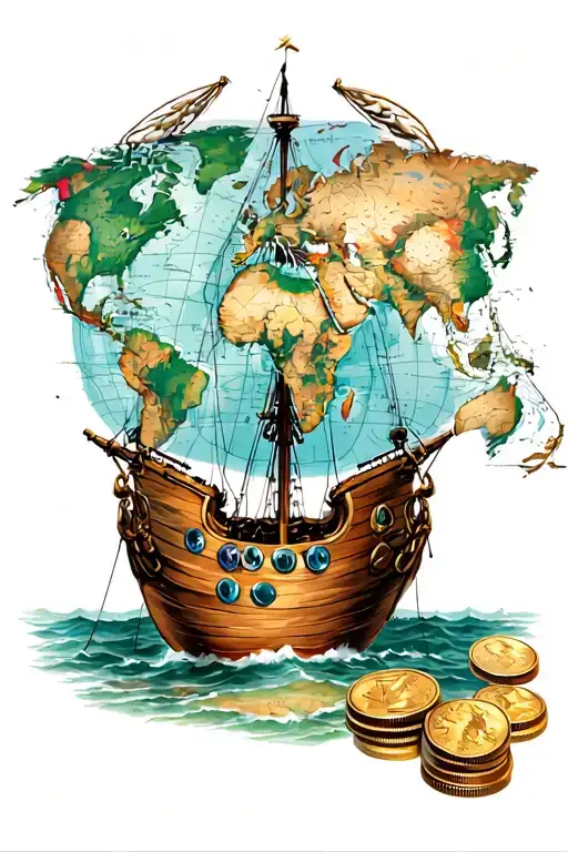 old rigging with a world map and old coins tattoo design idea