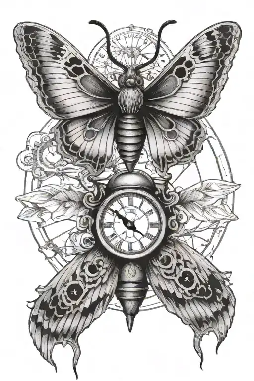 death moth with clock surrounded tattoo design idea