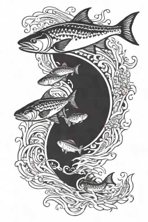 salmon swimming up river with forest and rocks all over and around the water   tattoo design idea