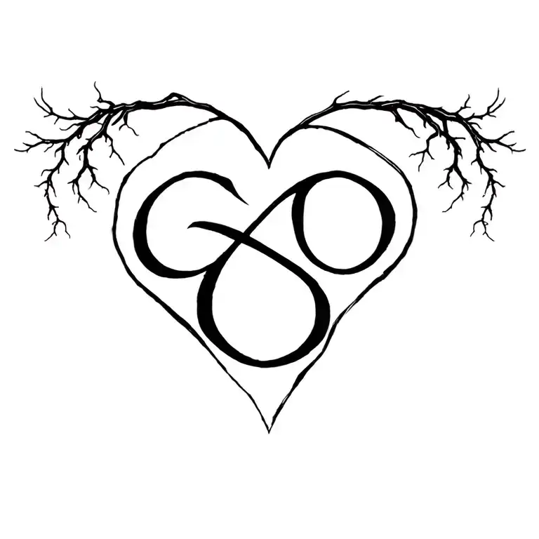 Letter G in heart shape, Neo Traditional style tattoo with roots coming out of the cut skin and infinity symbol tattoo design idea