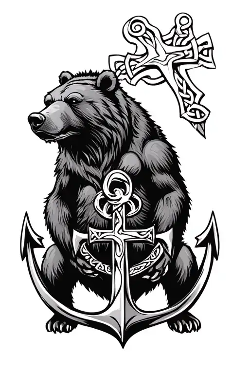celtic grizzly bear with anchor and a christian cross tattoo design idea