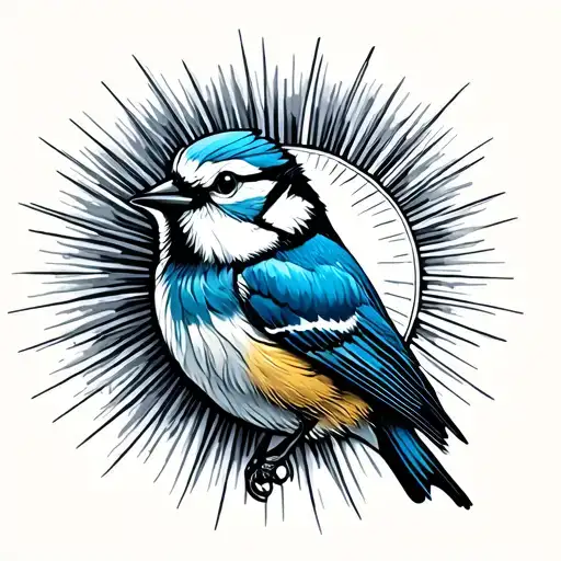 blue tit and sun in the background tattoo design idea