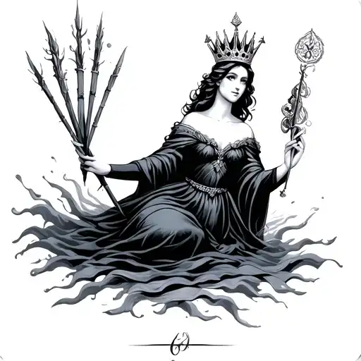 Queen of Wands tarot card figure, powerful and graceful, wearing a crown, surrounded by floating wands, holding a black  tattoo design idea
