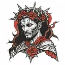 crown of thorns wrapping around the arm holding up a cross with the throns looking like some of physically embeded in me tattoo design idea