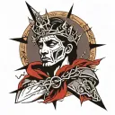 crown of thorns wrapping around the arm holding up a cross with the throns looking like some of physically embeded in me tattoo design idea