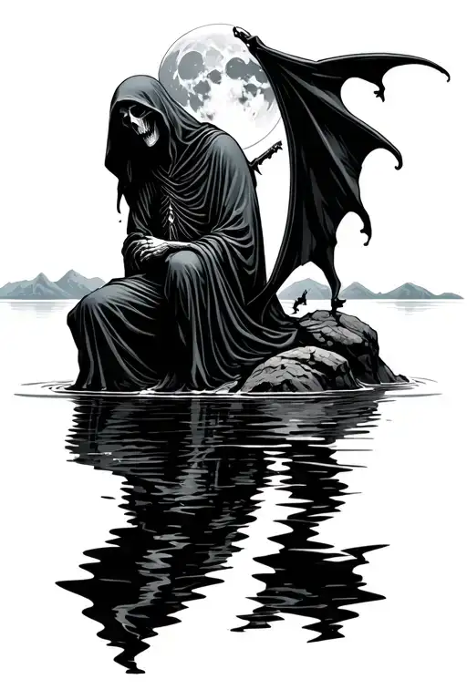 grim reaper sat on a rock surrounded by water with the moon behind casting shadow onto water  tattoo design idea