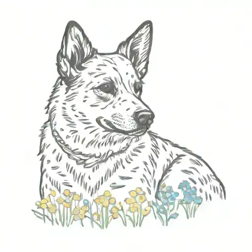 minimalist tattoo of a speckled blue heeler in a field of wildflowers  tattoo design idea
