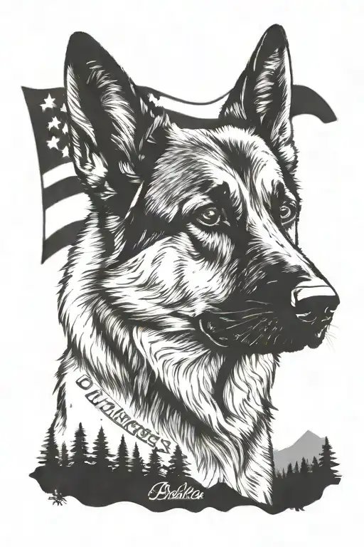 portrait of German shepherd saying "diabetes" in mountain scene with flag waving tattoo design idea
