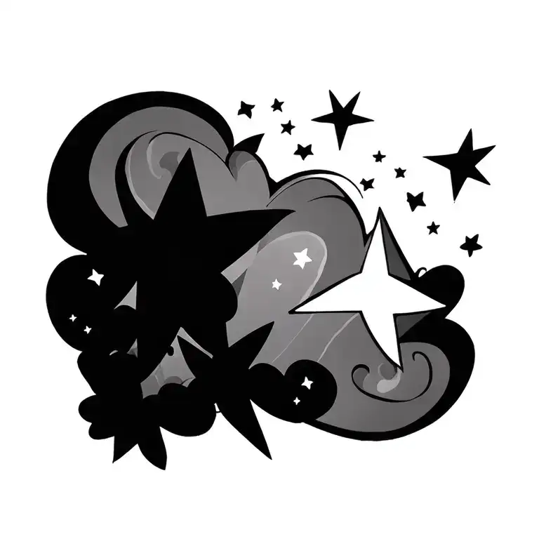 shooting stars, hearts tattoo design idea