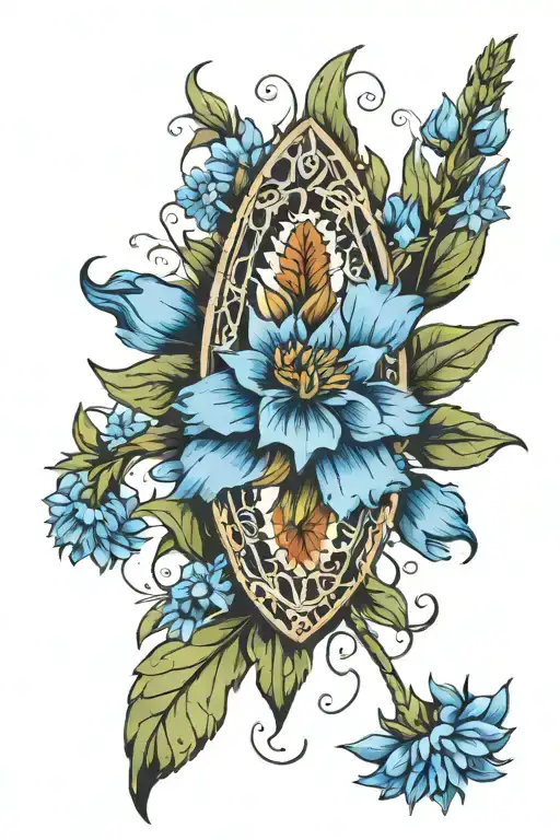 Guadalupe with blue cornflowers tattoo design idea