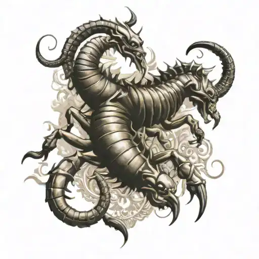 A realistic depiction of a scorpion and capricorn engaged in a fierce battle, with elements of financial symbols subtly incorporated into the background tattoo design idea