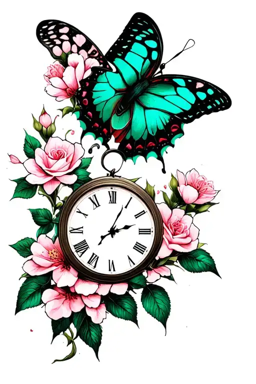 broken clock butterfly cherry blossom rose green day tattoo design idea