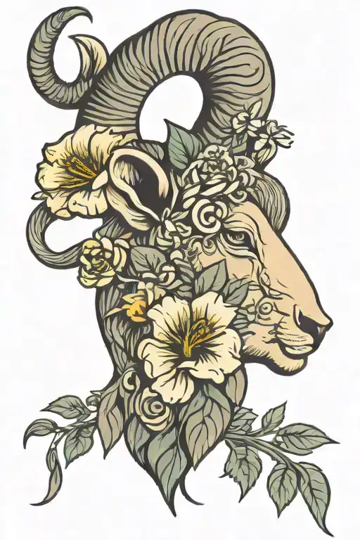 Head of the sign of Aries between flowers growing tattoo design idea