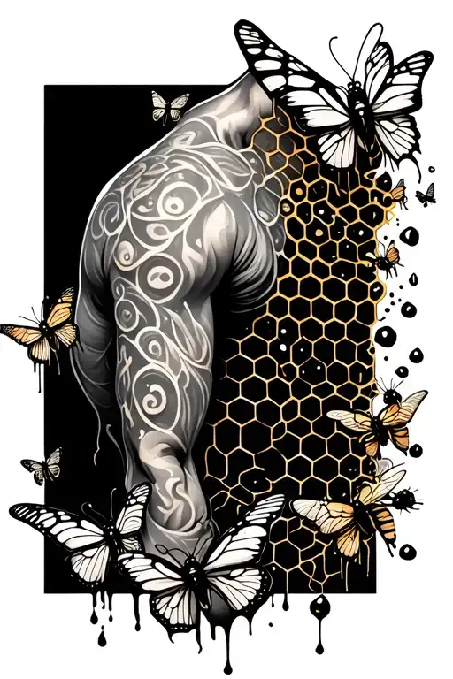 honeycomb dripping down arm from the shoulder. Bees and butterflies flying around tattoo design idea