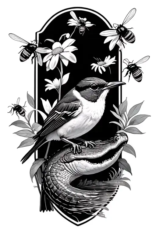 mockingbird with bees and Mississippi state flower and a alligator in a swamp realistic  tattoo design idea