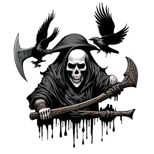 Grim executioner with big axe, ravens, dark theme cemetery, skeletons bleeding into trees tattoo design idea
