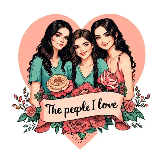 the text "the people I love" with a group of 3 girl friends tattoo design idea