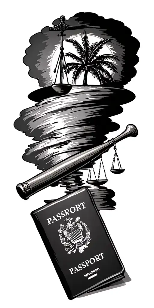 tornado sucking up scales of justice, baseball bat, passport, and palm tree. tattoo design idea