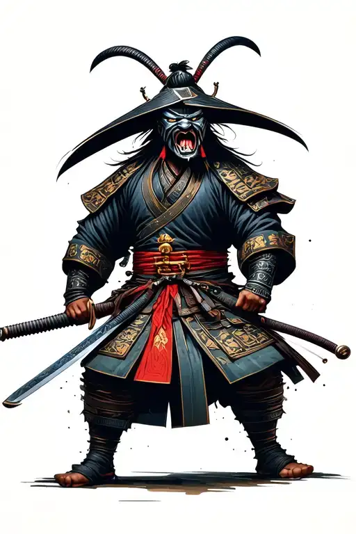 a classical samurai with an angry mask and classical samurai outfit holding a katana sword in his hand tattoo design idea