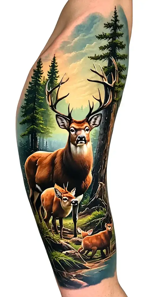 northeastern forest and golf course and father and kids and deer hunting tattoo design idea