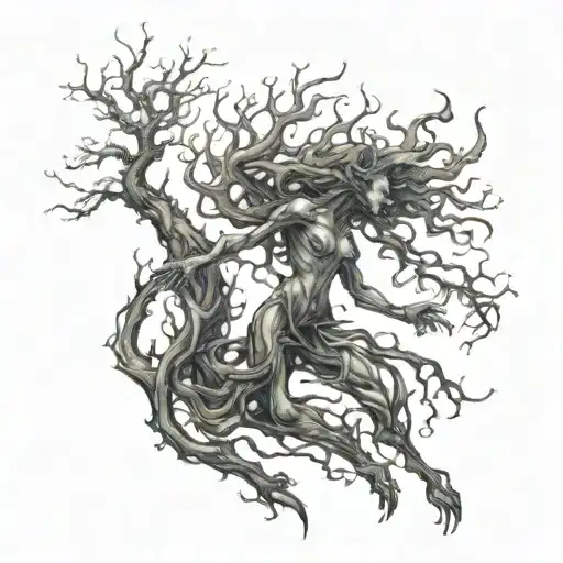 Give me a simple line tattoo of a dryad / sylvaneth / sylvari type creature walking with one hand forward. It should hav tattoo design idea