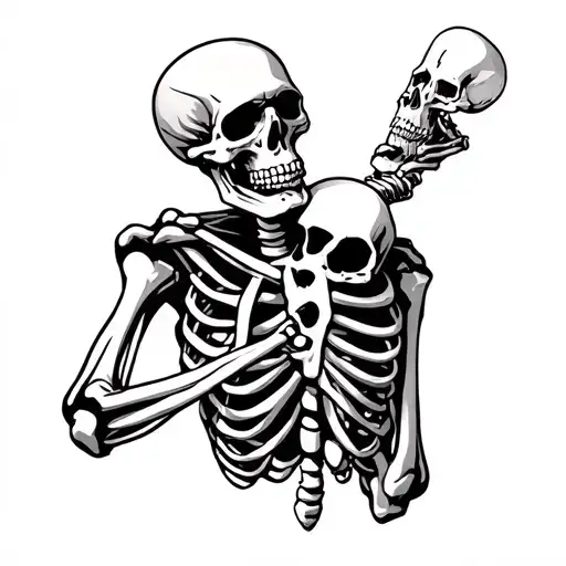 Skeleton with a skull in hand watching it, absurdism. tattoo design idea
