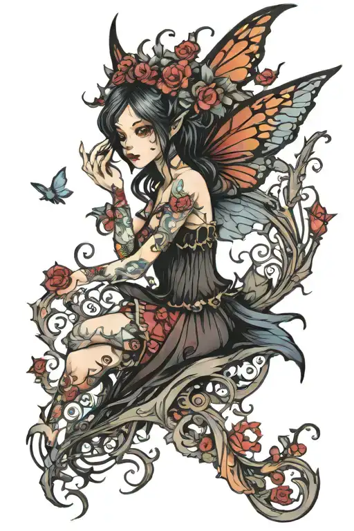Create a dark fantasy tatoo with a little colour. a fairy being displayed from head to toe... More fantasy elements  tattoo design idea