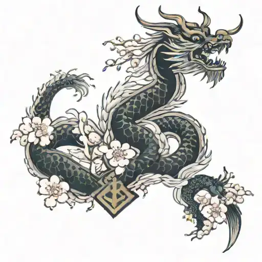 japanese dragon back tattoo with cherry blossom, and shrine  tattoo design idea