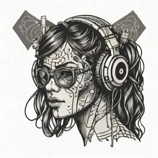 cyberpunk woman tattoos headphones rave music cables sexy sunglasses tattoo design idea