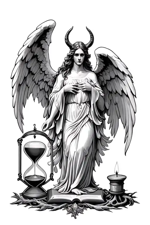an angel half demon, the bible an hourglass, a candle and a tree of life tattoo design idea