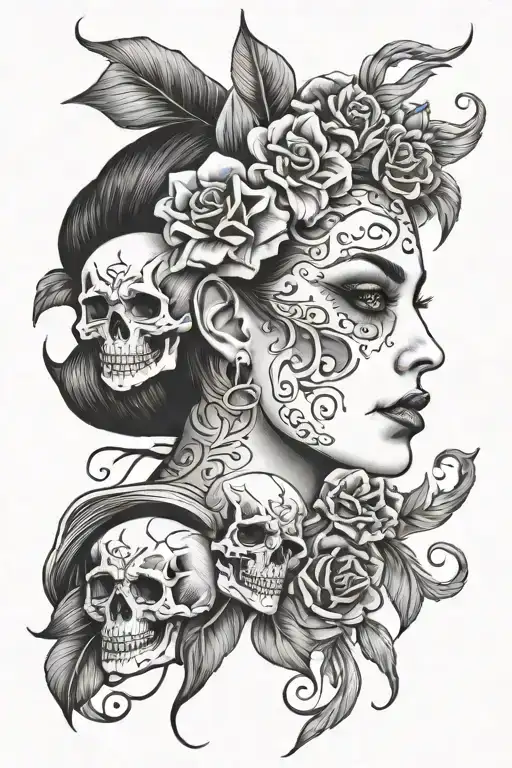 half woman face half skull face tattoo without flowers tattoo design idea