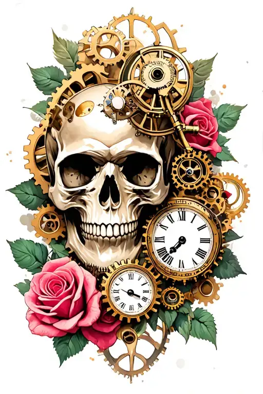 Steampunk Skull surrounded with roses and clock gears tattoo design idea