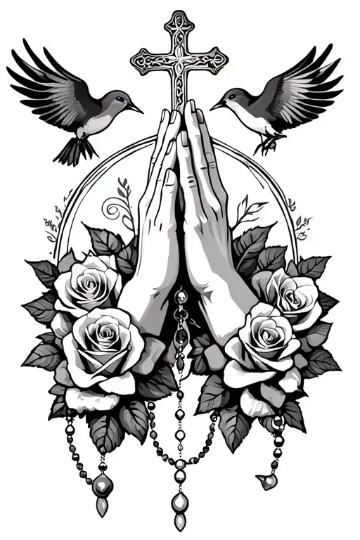 prayer hands praying with roses and cross and rosary beads and swallow tattoo design idea