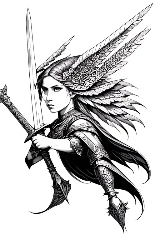 face Valkyrie warrior wielding a sword going dark tattoo design idea