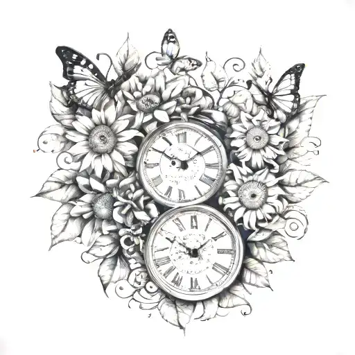 Clocks, Sunflowers leaves butterflies tattoo design idea