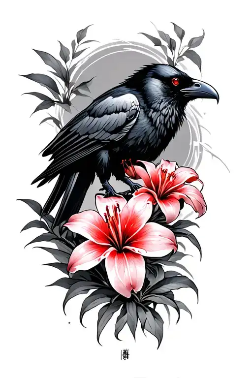 Japanese red spider lily and a raven surrounded tattoo design idea