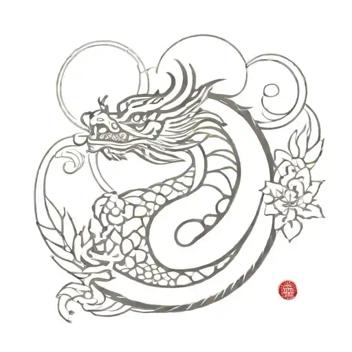 Tibetan dragon with a proud of china flower and protecting a precious stone  tattoo design idea